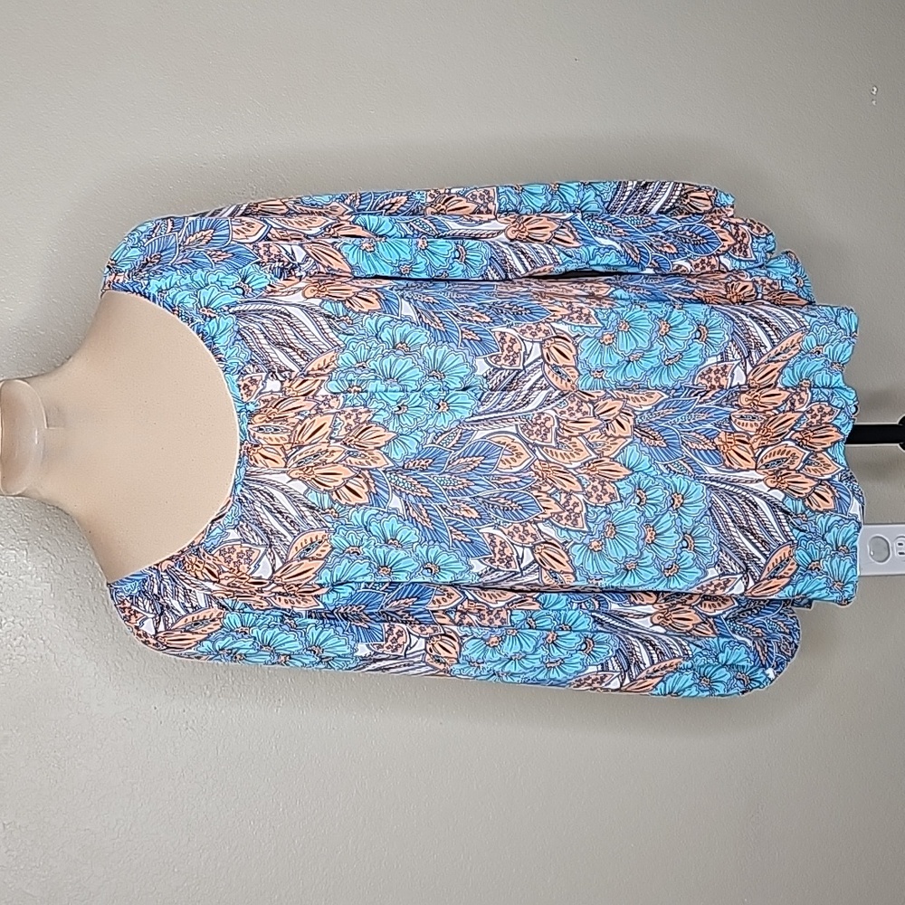 Karen Kane Large Blue Orange Floral Chiffon long sleeve tunic top